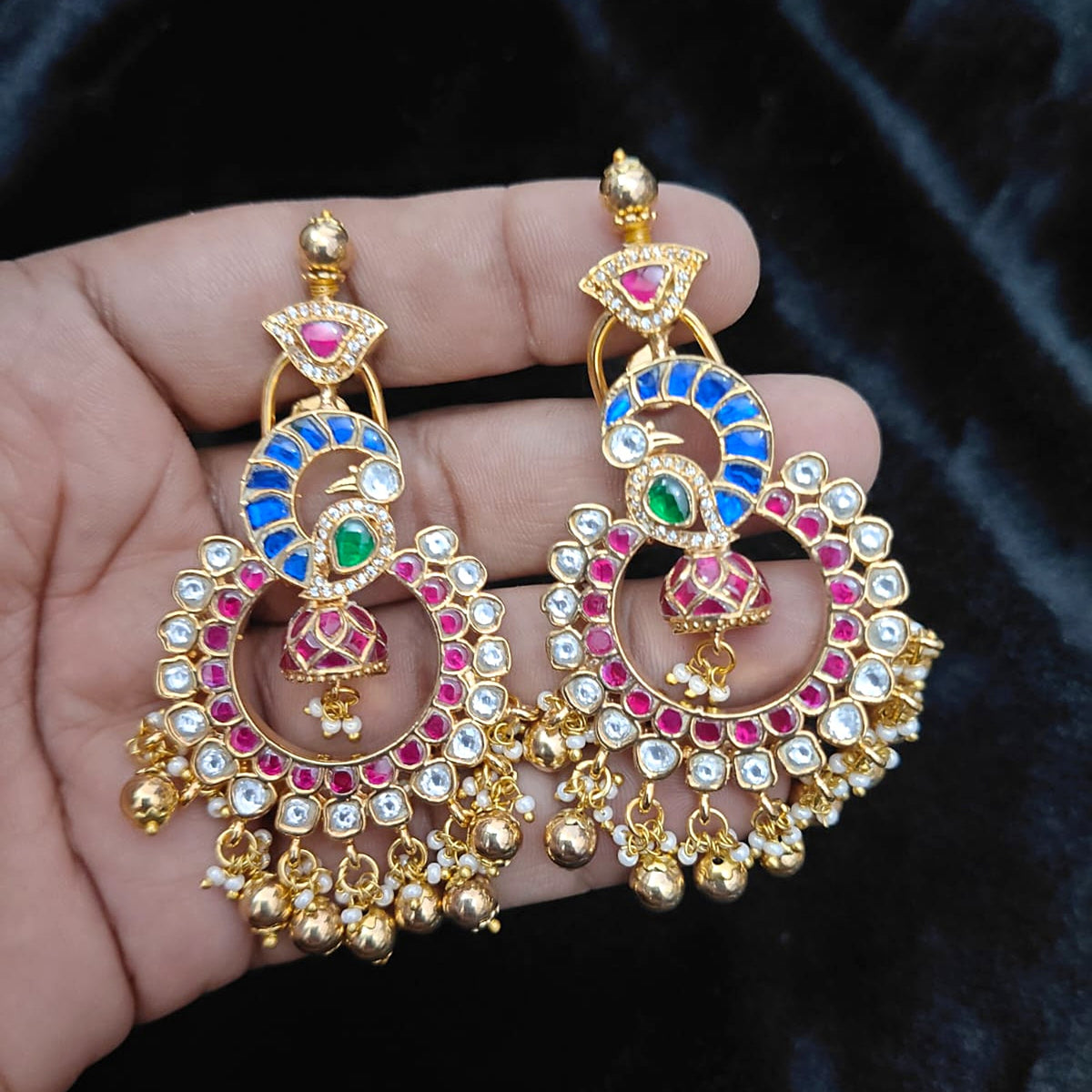 Blue Peacock Chandbali - Alt View - Jaipur Jadau Kundan imitation jewellery by House of Shri Dungar
