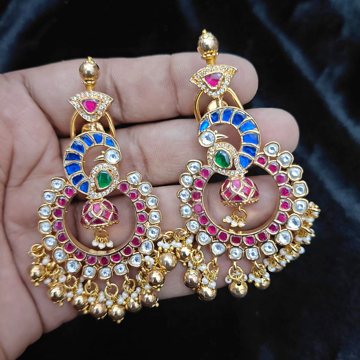 Blue Peacock Chandbali with Mini Jhumka - Jaipur Jadau Kundan imitation jewellery by House of Shri Dungar