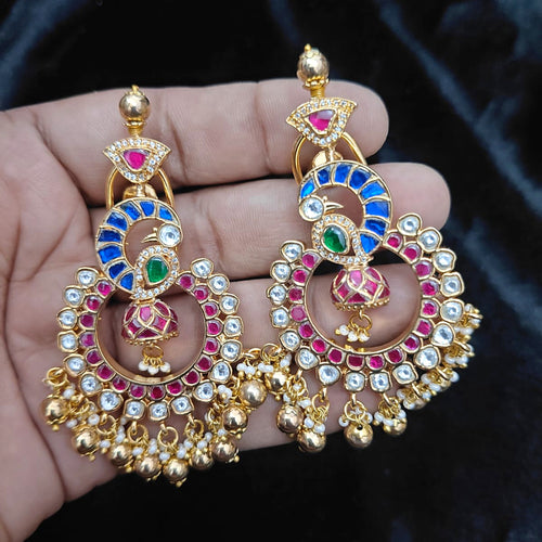 Blue Peacock Chandbali with Mini Jhumka - Jaipur Jadau Kundan imitation jewellery by House of Shri Dungar