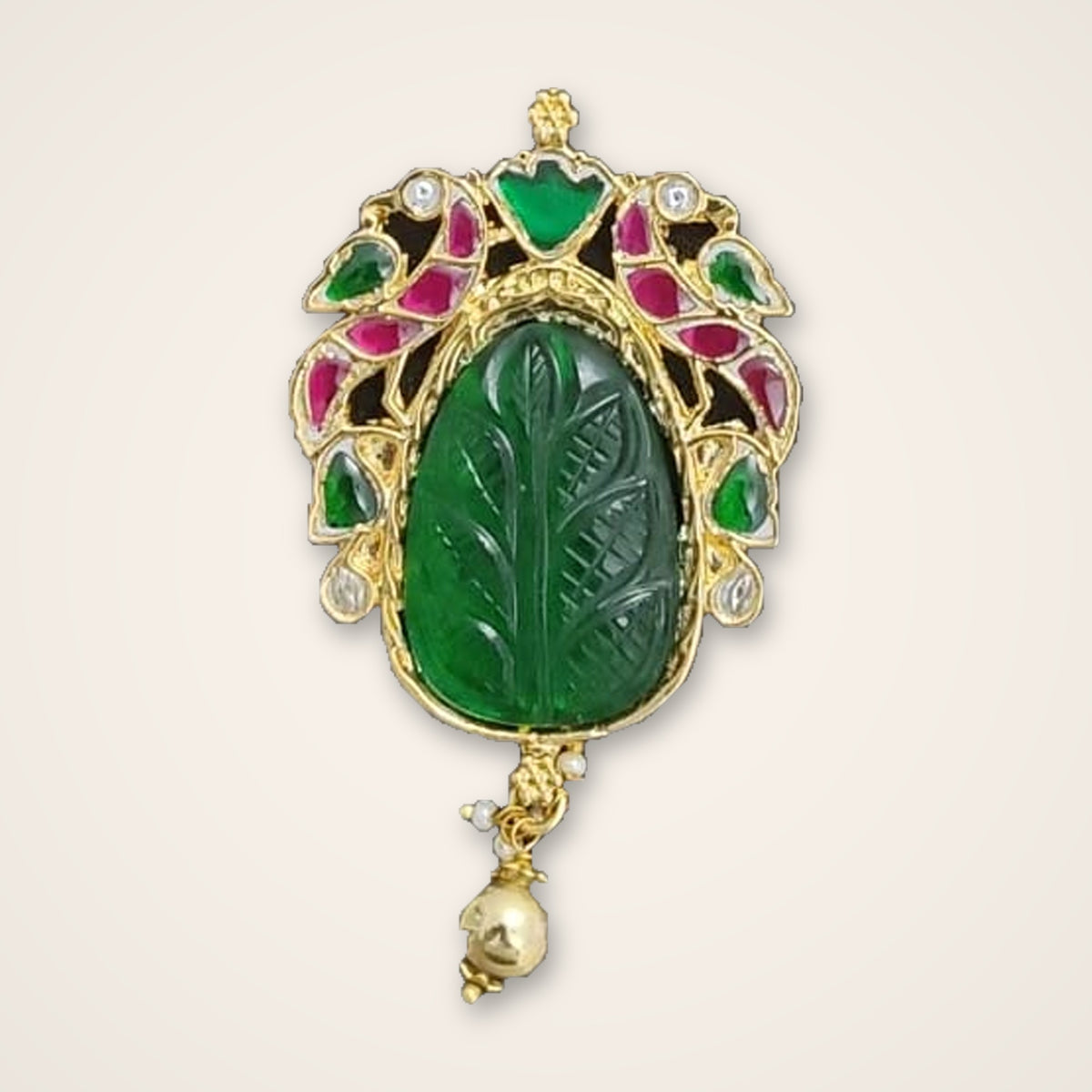 Carved Emerald-Look Kundan Pendant - Jaipur Jadau Kundan imitation jewellery by House of Shri Dungar