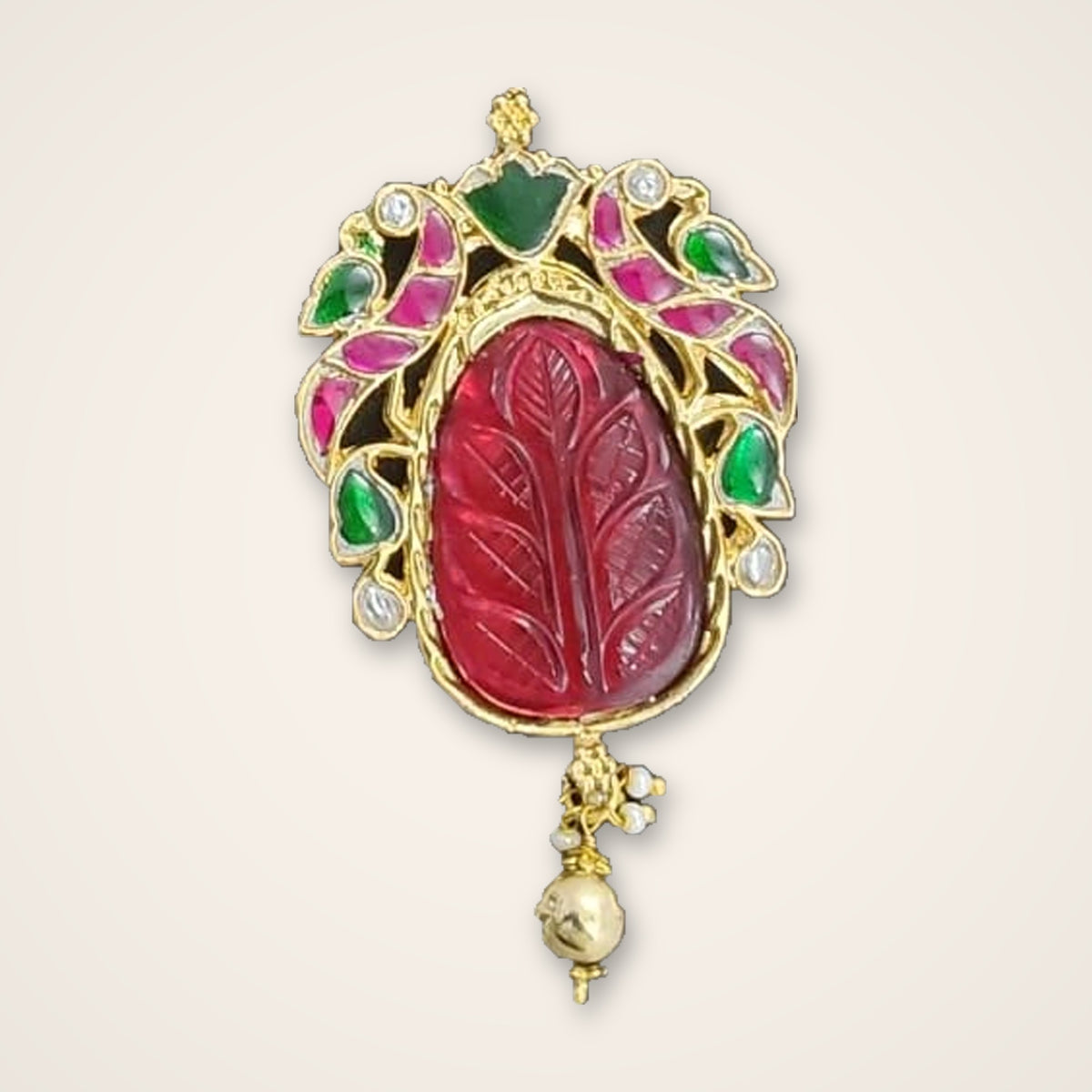 Carved Ruby-Look Kundan Pendant - Jaipur Jadau Kundan imitation jewellery by House of Shri Dungar