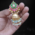Emerald Lotus Crescent Jhumka with Mint Beads - Jaipur Jadau Kundan imitation jewellery by House of Shri Dungar