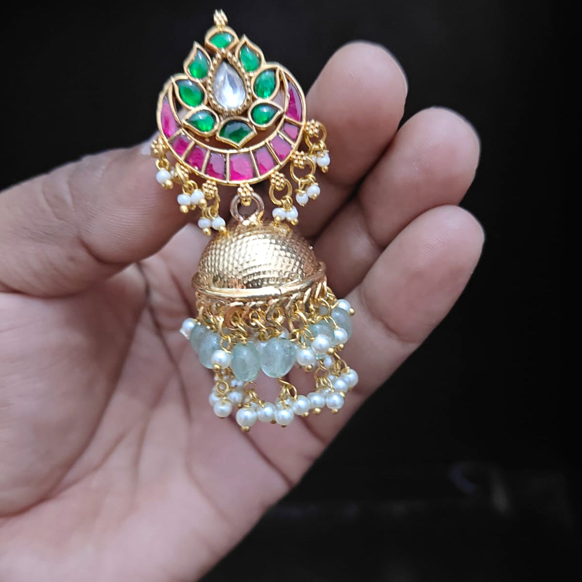 Emerald Lotus Crescent Jhumka with Mint Beads - Jaipur Jadau Kundan imitation jewellery by House of Shri Dungar