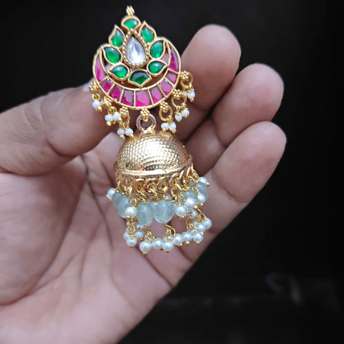 Emerald Lotus Crescent Jhumka with Mint Beads - Jaipur Jadau Kundan imitation jewellery by House of Shri Dungar