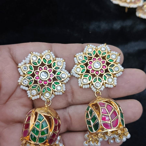 Floral Pearl-Border Stud with Leaf Jhumka - Jaipur Jadau Kundan imitation jewellery by House of Shri Dungar