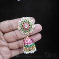 Floral Pearl-Border Stud with Ruby Jhumka - Jaipur Jadau Kundan imitation jewellery by House of Shri Dungar