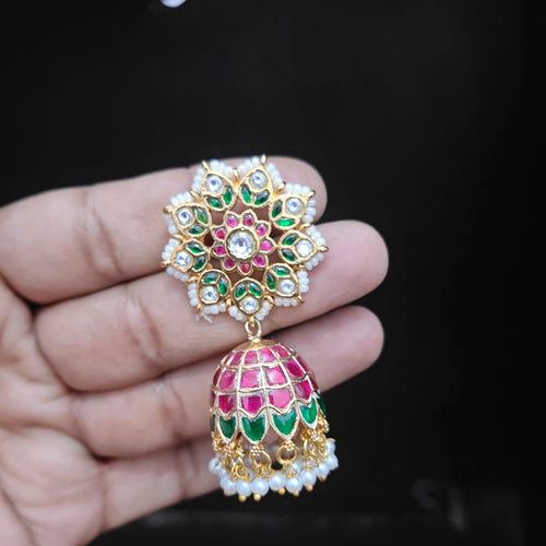 Floral Pearl-Border Stud with Ruby Jhumka - Jaipur Jadau Kundan imitation jewellery by House of Shri Dungar