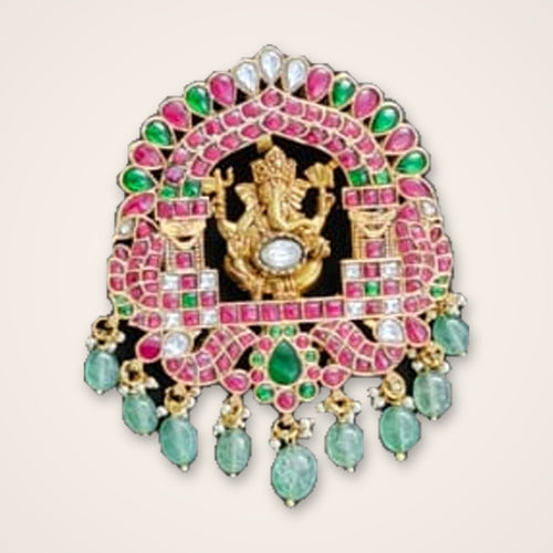 Ganesha Pendant with Green Bead Drops - Jaipur Jadau Kundan imitation jewellery by House of Shri Dungar