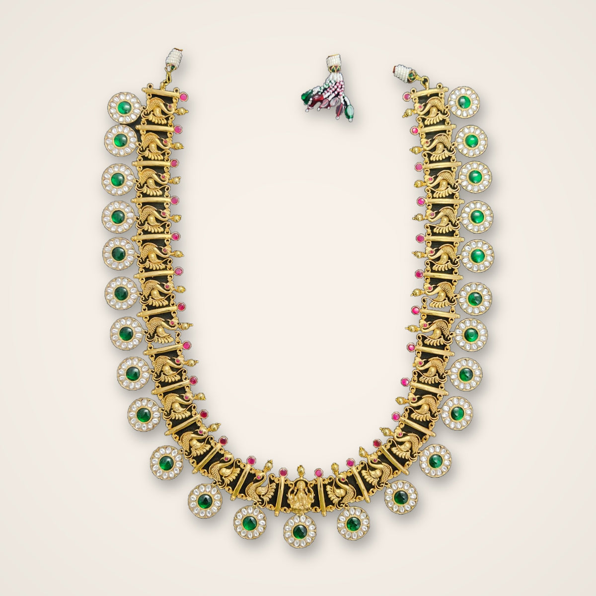 Kundan Long Haram with Emerald Accents - Jaipur Jadau Kundan imitation jewellery by House of Shri Dungar