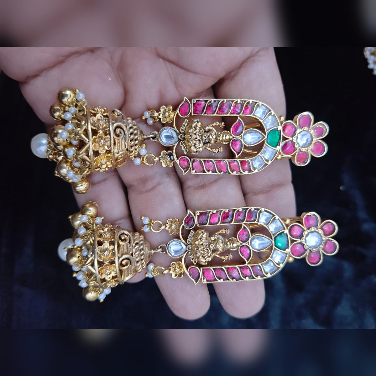 Lakshmi Jhumka with Ruby Flower Stud - Jaipur Jadau Kundan imitation jewellery by House of Shri Dungar