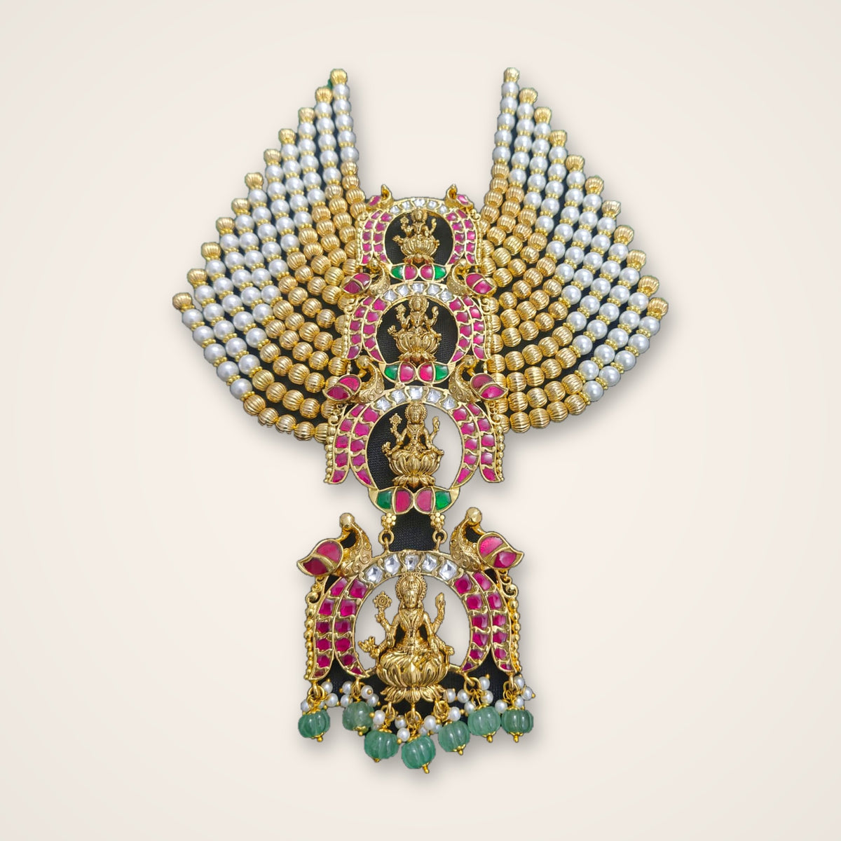 Lakshmi Pendant Green Bead & Pearl Rani Haar - Jaipur Jadau Kundan imitation jewellery by House of Shri Dungar