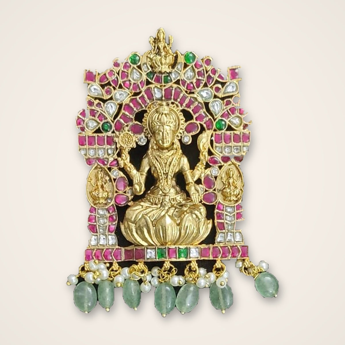 Lakshmi Temple Pendant with Green Bead Drops - Jaipur Jadau Kundan imitation jewellery by House of Shri Dungar