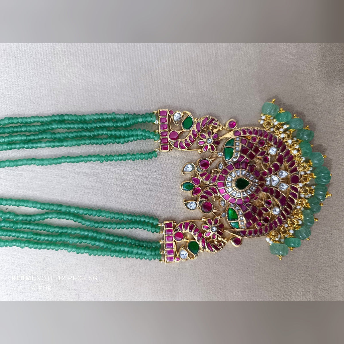 Layered Green Bead Necklace with Kundan Pendant - Jaipur Jadau Kundan imitation jewellery by House of Shri Dungar