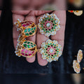 Leaf Jhumka with Floral Pearl Stud - Jaipur Jadau Kundan imitation jewellery by House of Shri Dungar