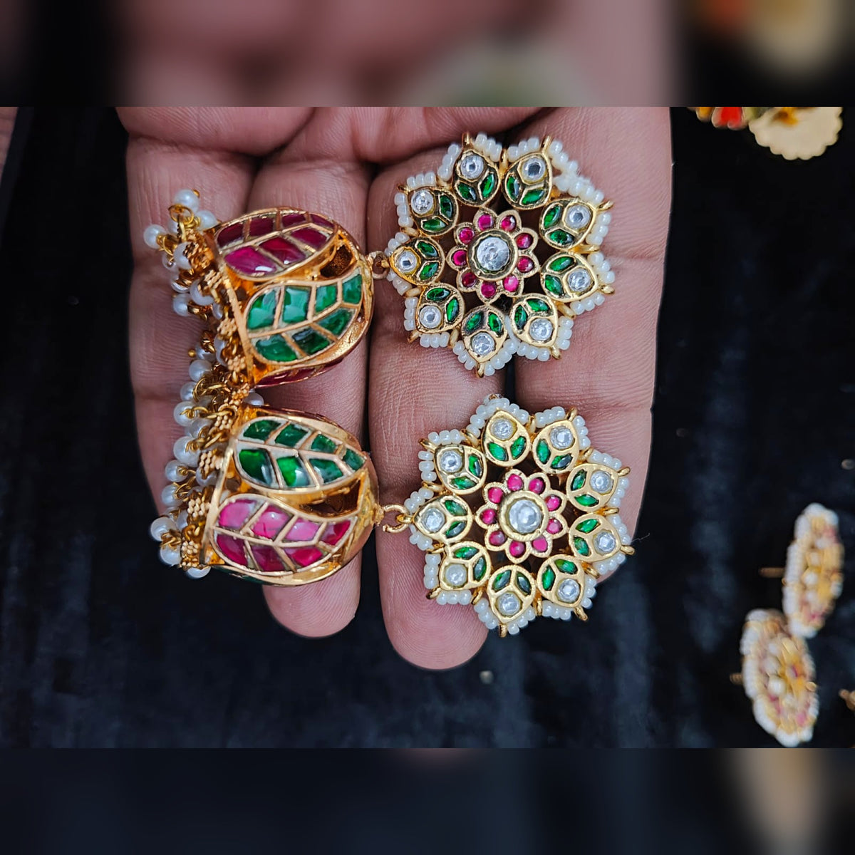 Leaf Jhumka with Floral Pearl Stud - Jaipur Jadau Kundan imitation jewellery by House of Shri Dungar