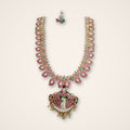 Long Ruby Kundan Haram with Peacock Pendant - Jaipur Jadau Kundan imitation jewellery by House of Shri Dungar