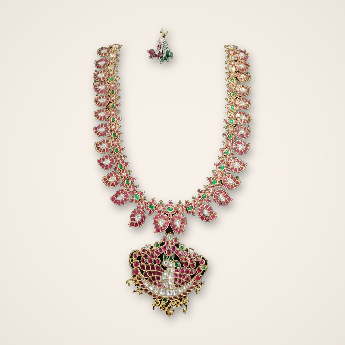Long Ruby Kundan Haram with Peacock Pendant - Jaipur Jadau Kundan imitation jewellery by House of Shri Dungar