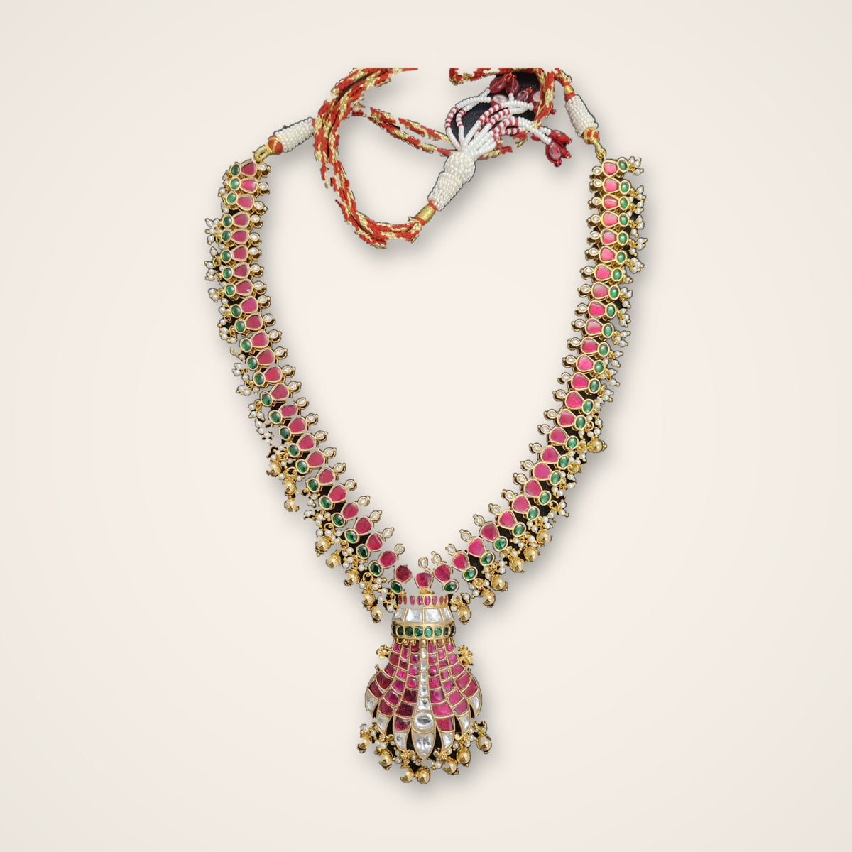 Long Ruby Kundan Necklace with Jhumka Pendant - Jaipur Jadau Kundan imitation jewellery by House of Shri Dungar