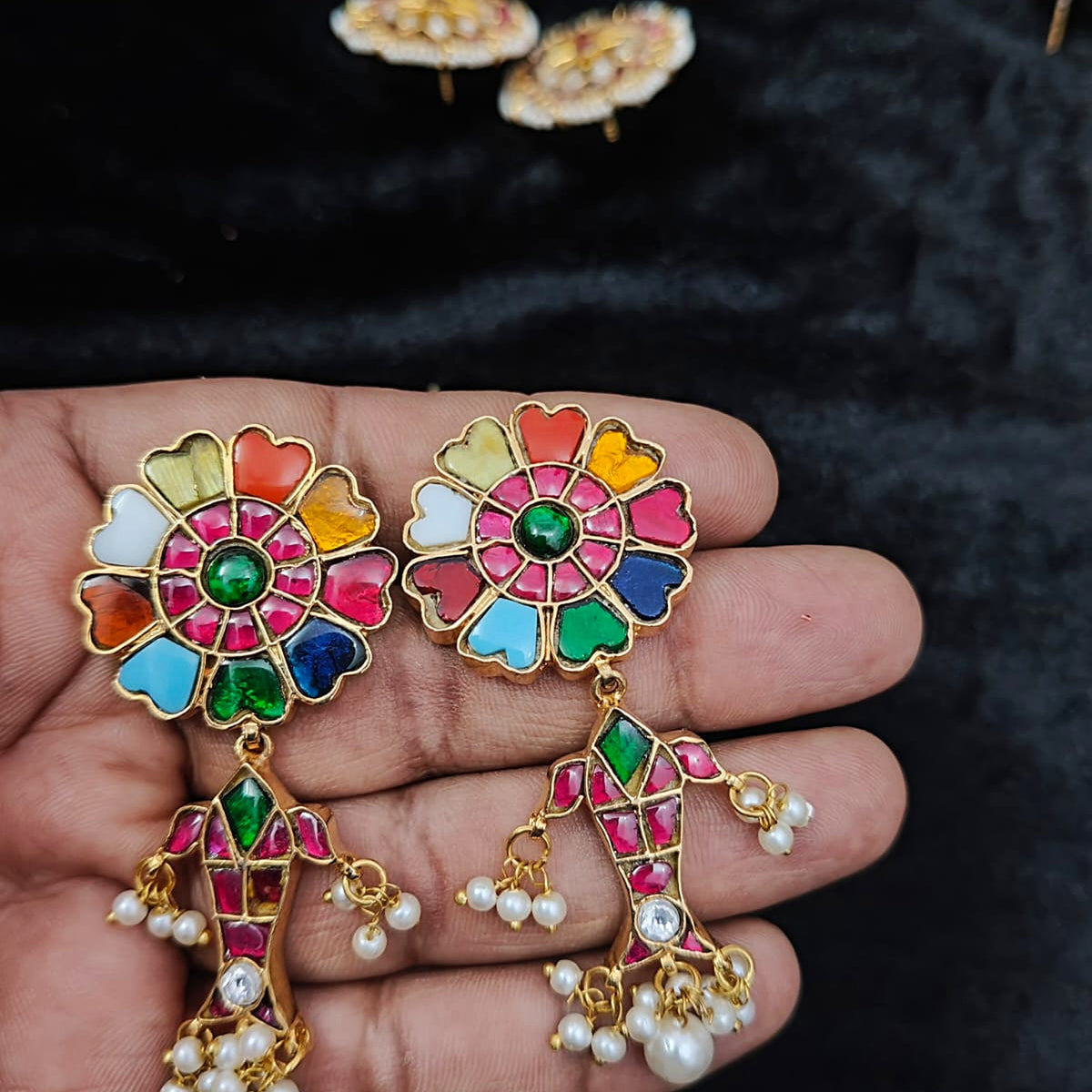 Navratna Flower Fish Drop Earrings - Alt View - Jaipur Jadau Kundan imitation jewellery by House of Shri Dungar