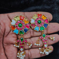 Navratna Flower Fish Drop Earrings - Jaipur Jadau Kundan imitation jewellery by House of Shri Dungar