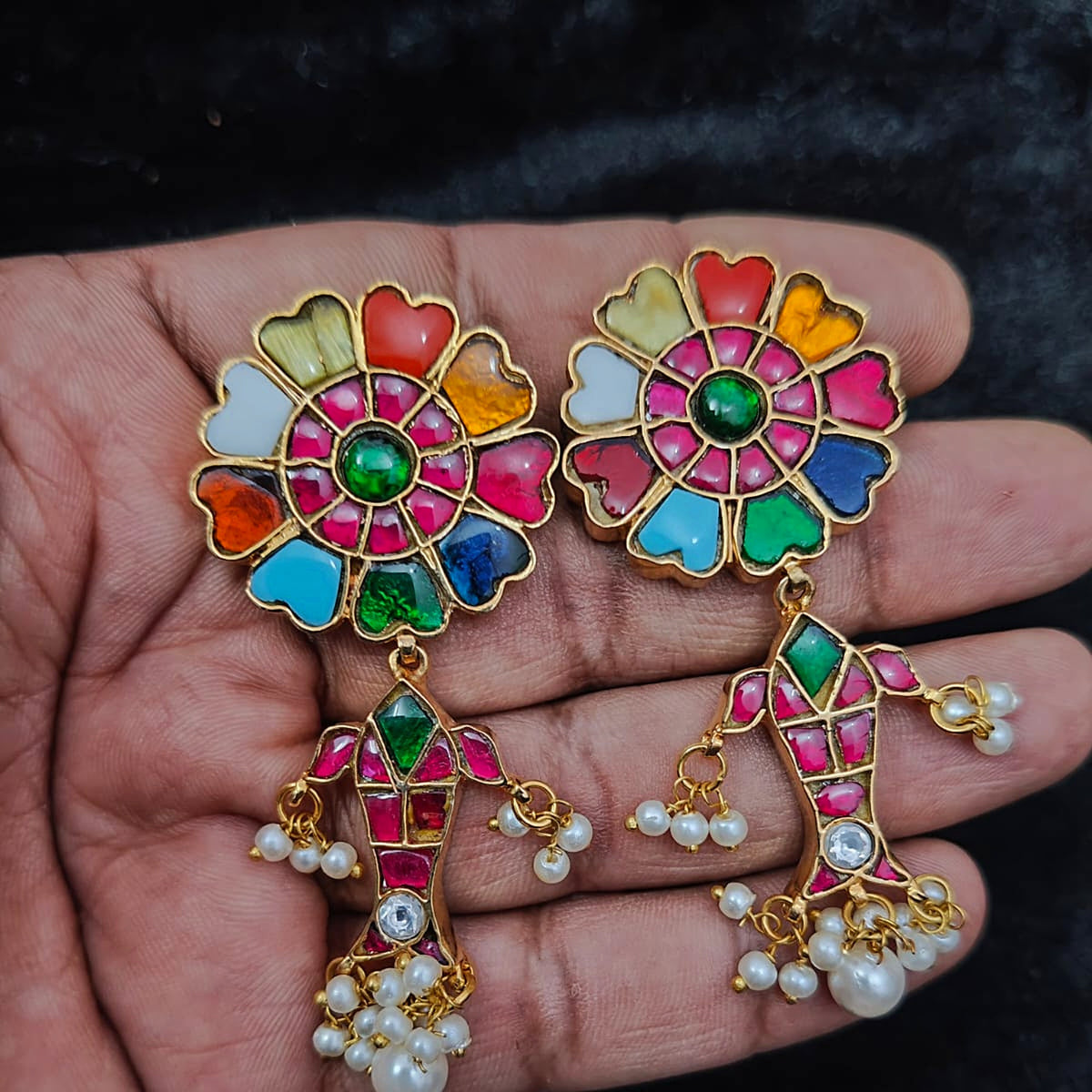 Navratna Flower Fish Drop Earrings - Jaipur Jadau Kundan imitation jewellery by House of Shri Dungar