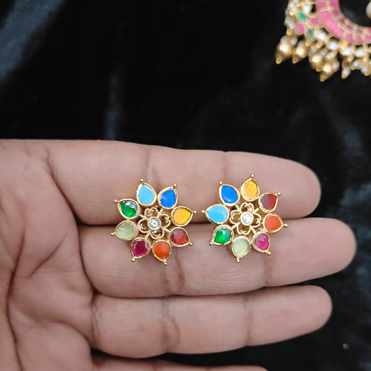 Navratna Flower Studs - Jaipur Jadau Kundan imitation jewellery by House of Shri Dungar