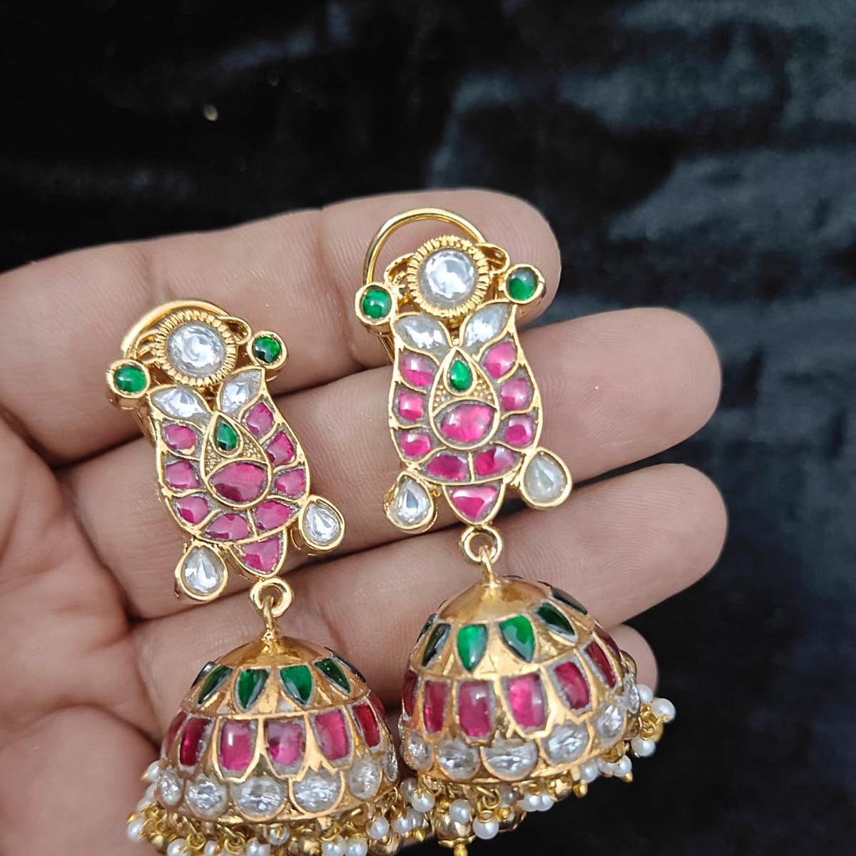 Paisley Ruby Jhumka with Emerald Dome - Jaipur Jadau Kundan imitation jewellery by House of Shri Dungar