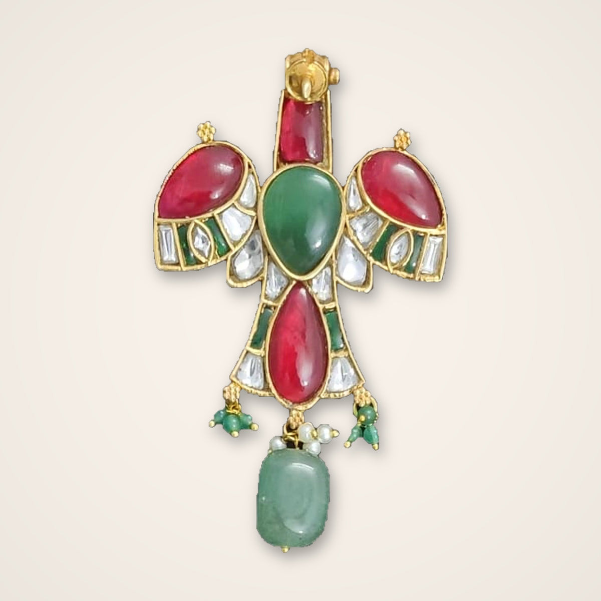 Parrot Kundan Pendant - Ruby & Emerald - Jaipur Jadau Kundan imitation jewellery by House of Shri Dungar