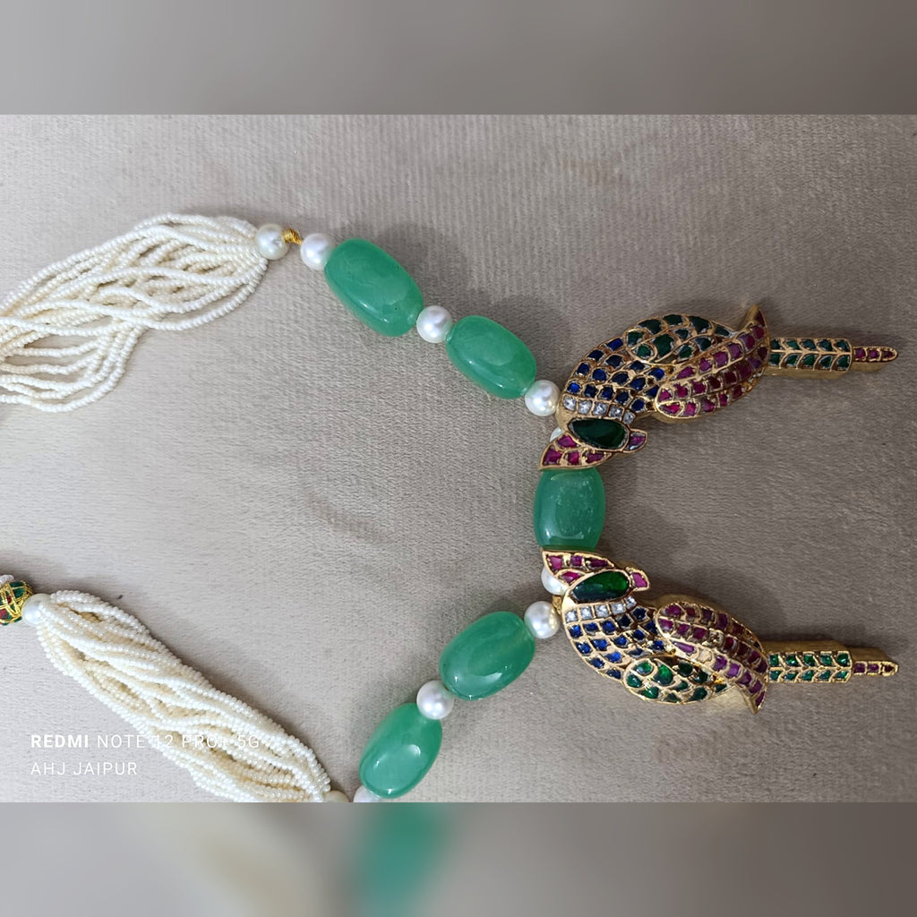 Parrot Pendant Pearl & Green Bead Necklace - Jaipur Jadau Kundan imitation jewellery by House of Shri Dungar