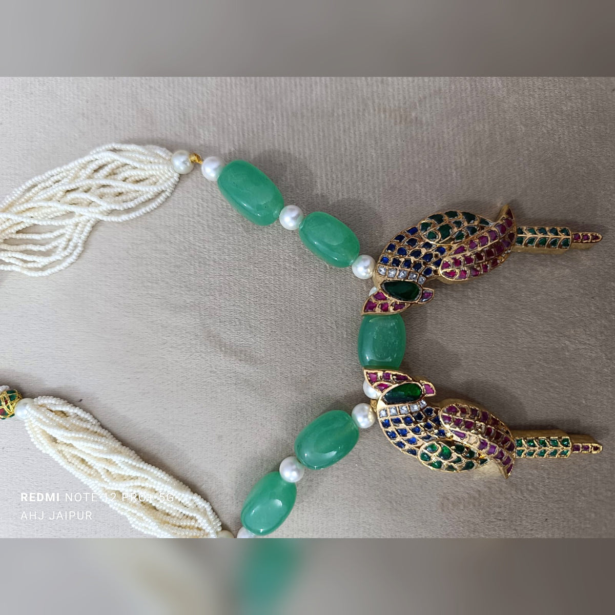 Parrot Pendant Pearl & Green Bead Necklace - Jaipur Jadau Kundan imitation jewellery by House of Shri Dungar
