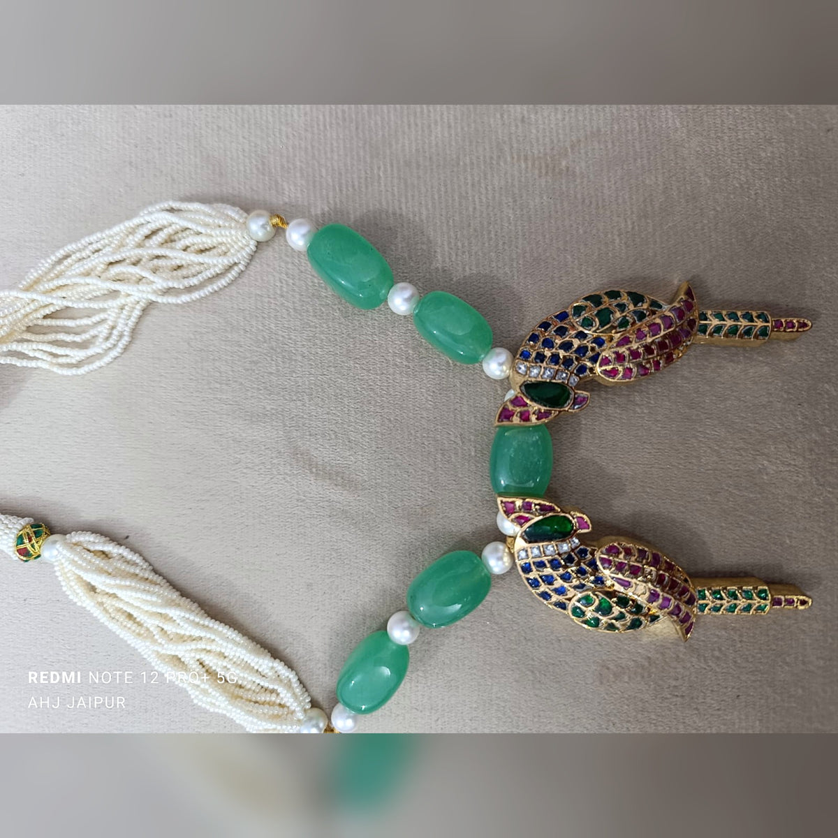 Parrot Pendant Pearl & Green Bead Necklace - Jaipur Jadau Kundan imitation jewellery by House of Shri Dungar