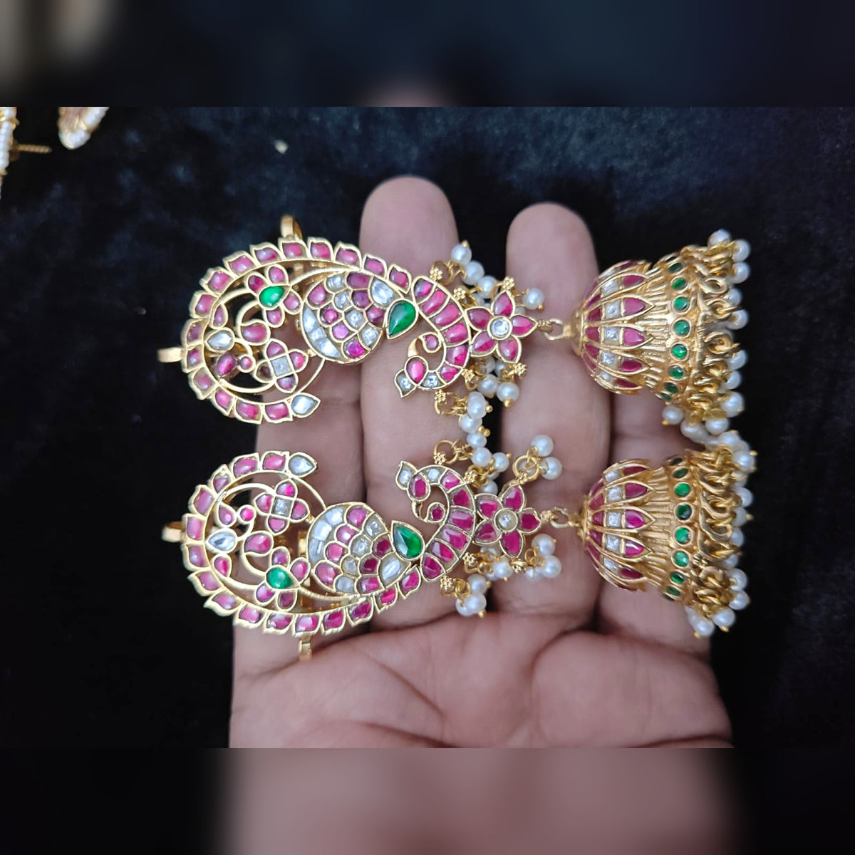 Peacock Ear Cuff Jhumka - Ruby & Pearl - Jaipur Jadau Kundan imitation jewellery by House of Shri Dungar