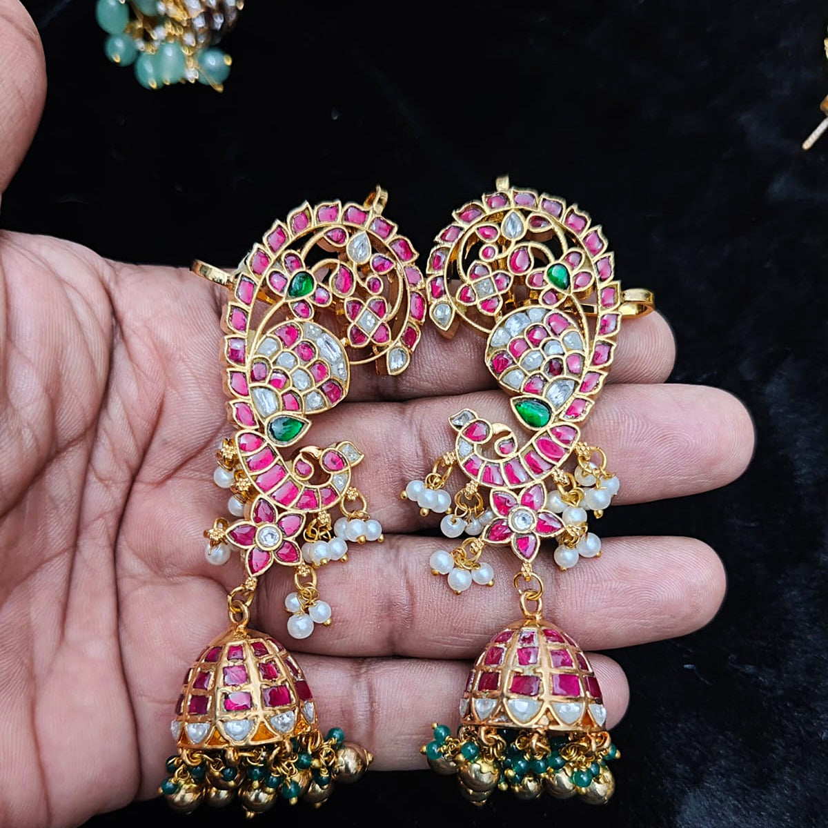 Peacock Ear Cuff Jhumka with Green Beads - Jaipur Jadau Kundan imitation jewellery by House of Shri Dungar