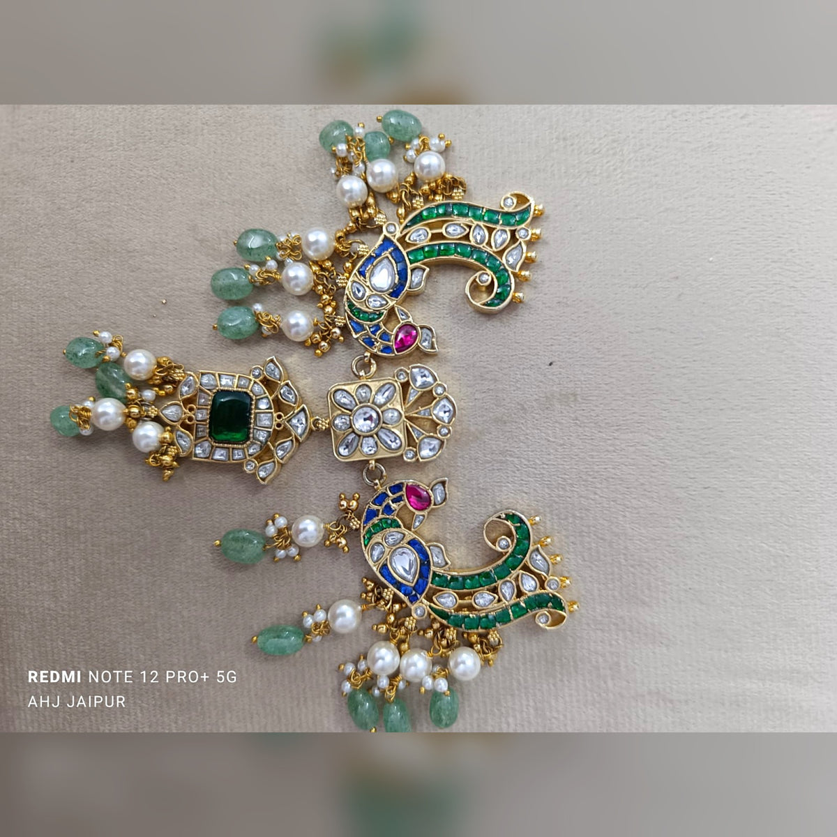 Peacock Kundan Necklace with Green Drops - Jaipur Jadau Kundan imitation jewellery by House of Shri Dungar