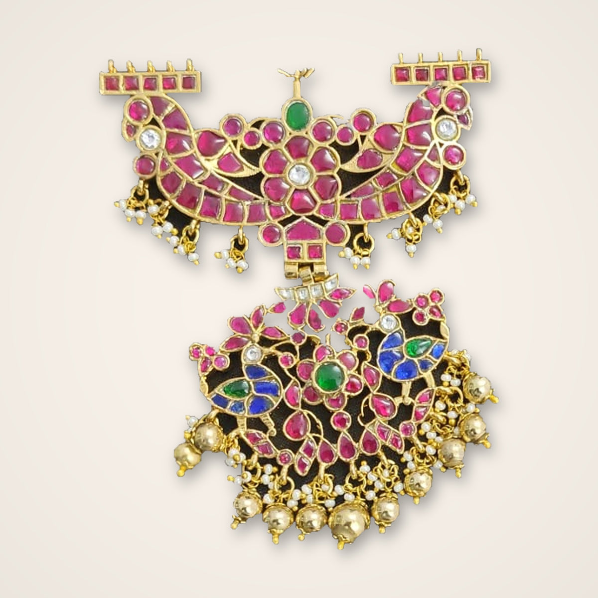 Peacock Kundan Pendant with Gold Bead Drops - Jaipur Jadau Kundan imitation jewellery by House of Shri Dungar