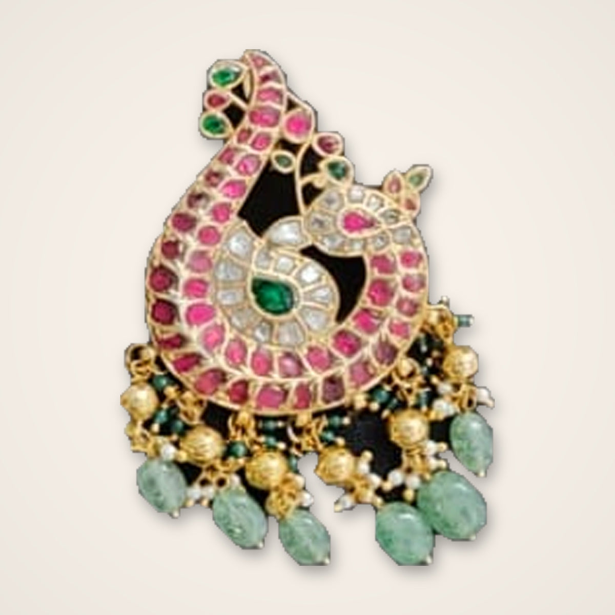Peacock Kundan Pendant with Green Bead Drops - Jaipur Jadau Kundan imitation jewellery by House of Shri Dungar