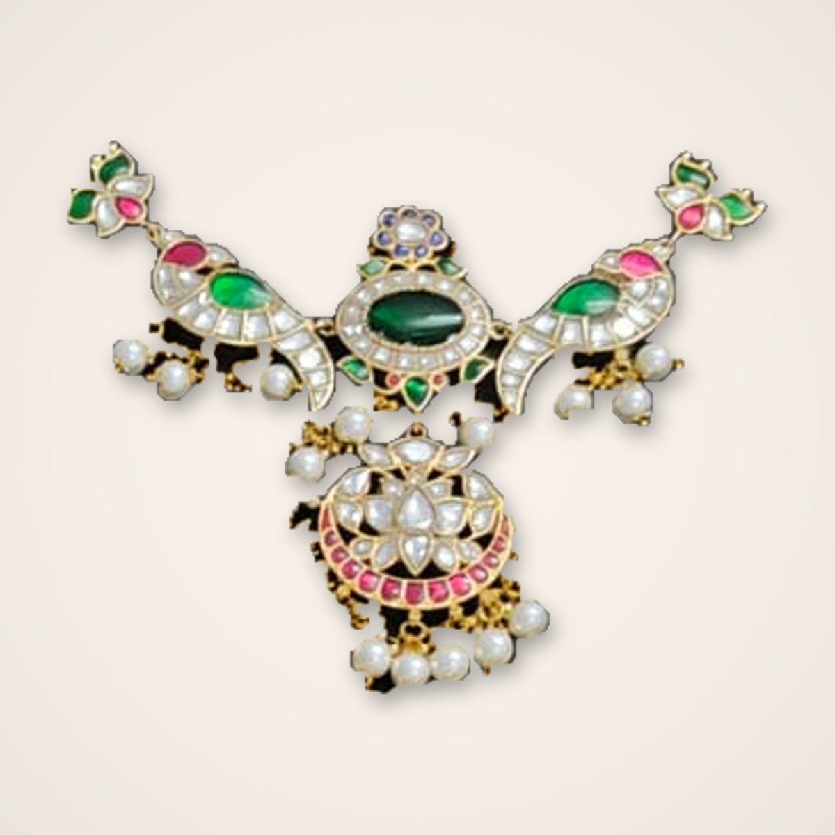 Peacock Polki-Style Pendant with Pearls - Jaipur Jadau Kundan imitation jewellery by House of Shri Dungar