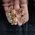 Peacock Round Stud Jhumka with Pearl & Green Beads - Jaipur Jadau Kundan imitation jewellery by House of Shri Dungar