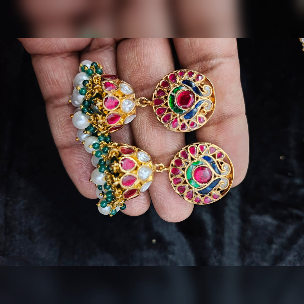 Peacock Round Stud Jhumka with Pearl & Green Beads - Jaipur Jadau Kundan imitation jewellery by House of Shri Dungar