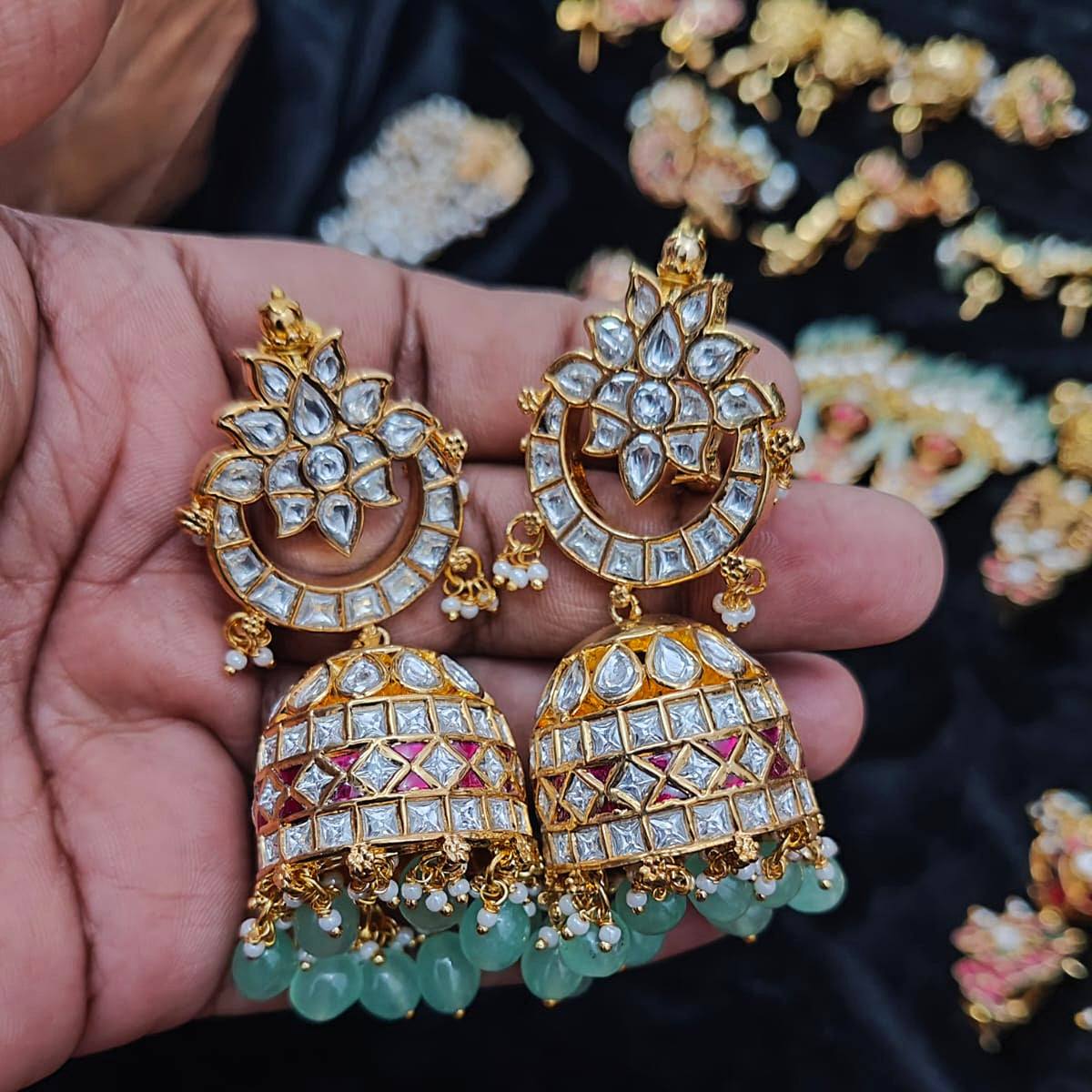 Polki-Style Chandbali Jhumka with Mint Beads - Jaipur Jadau Kundan imitation jewellery by House of Shri Dungar