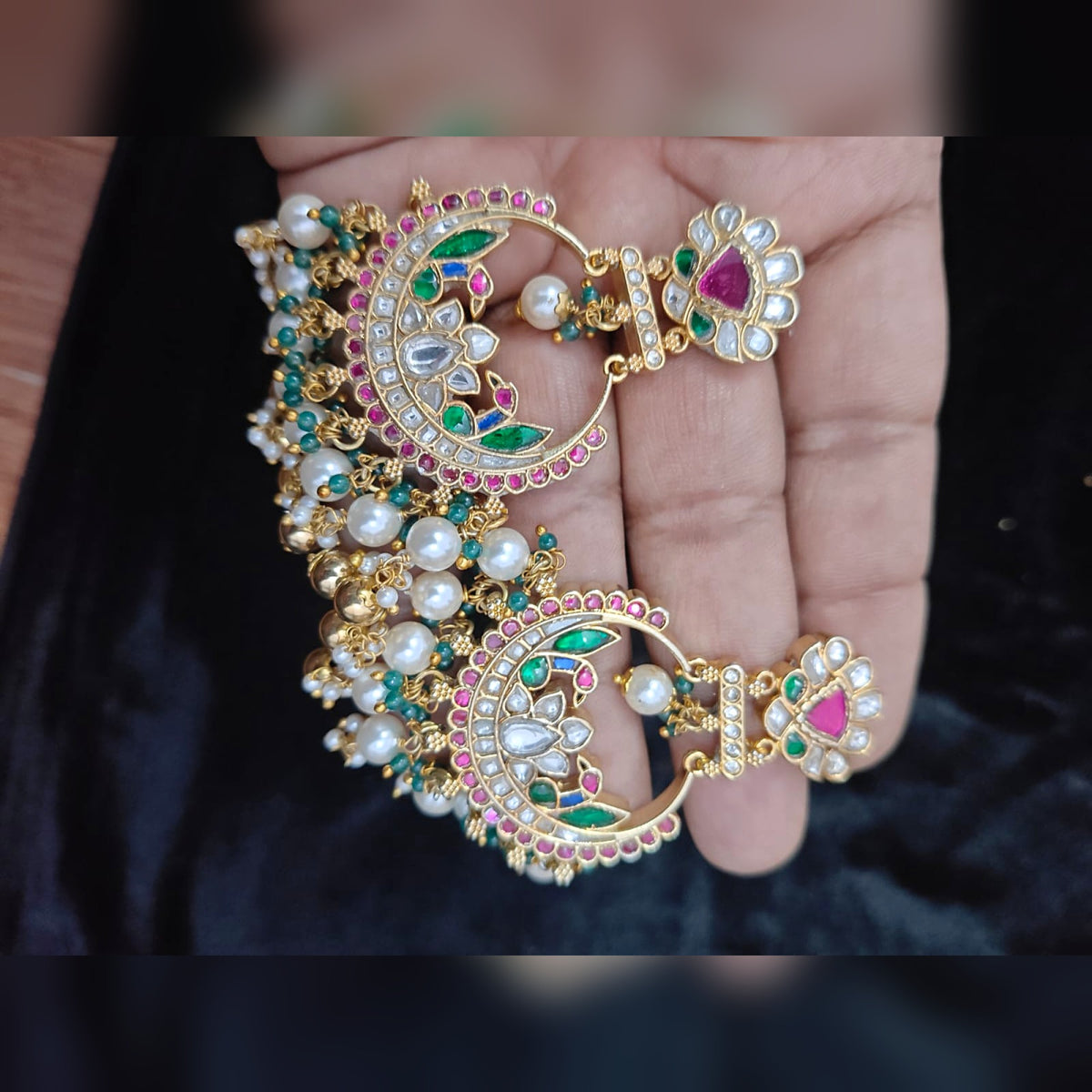 Polki-Style Chandbali with Pearl & Green Bead Fringe - Jaipur Jadau Kundan imitation jewellery by House of Shri Dungar