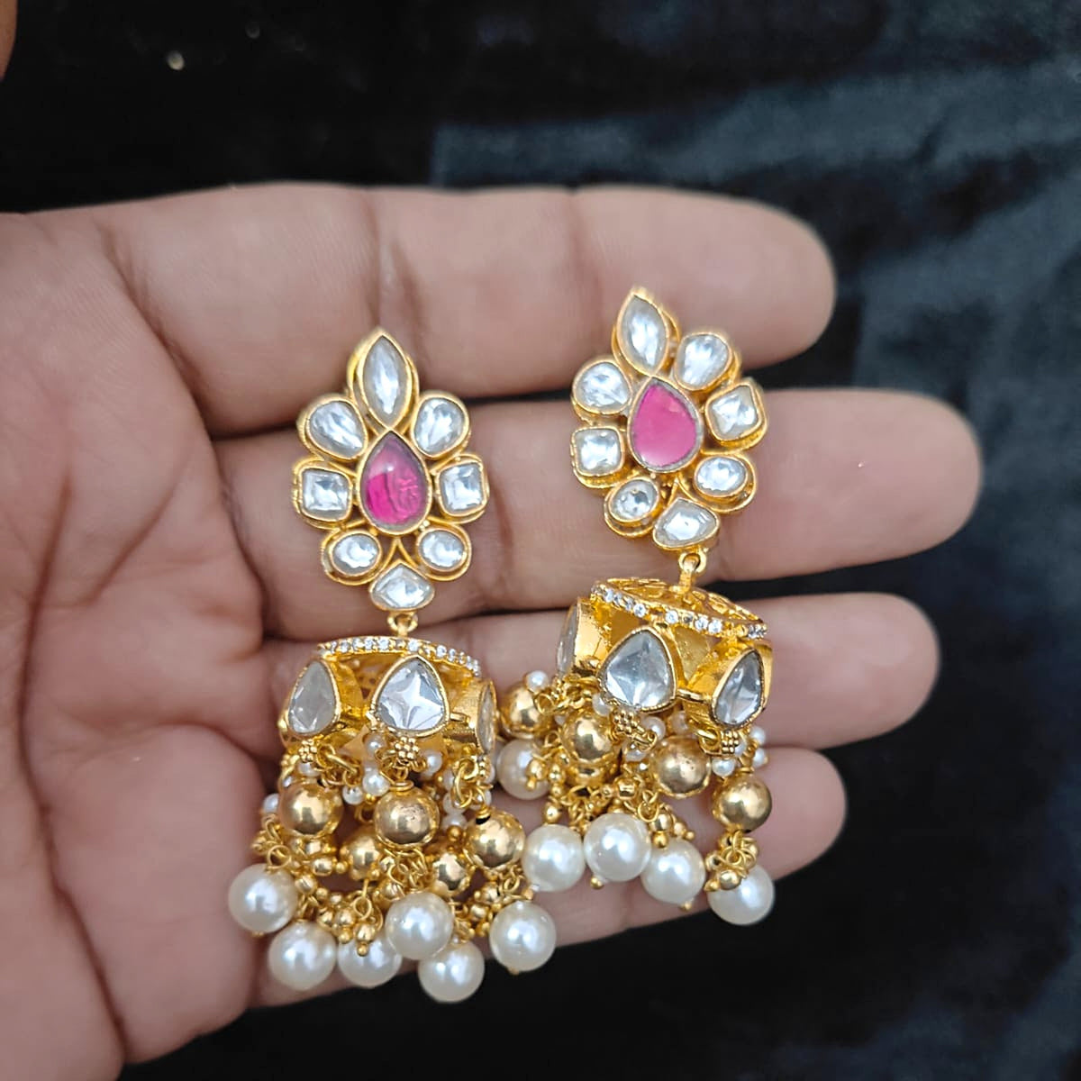 Polki-Style Flower Jhumka with Pearls - Jaipur Jadau Kundan imitation jewellery by House of Shri Dungar