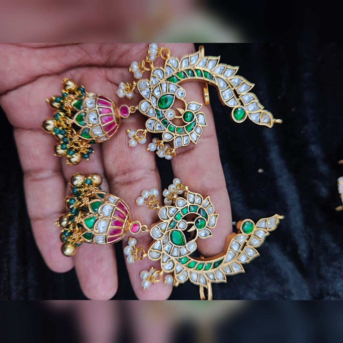 Polki-Style Peacock Ear Cuff Jhumka - Emerald & Ruby - Jaipur Jadau Kundan imitation jewellery by House of Shri Dungar