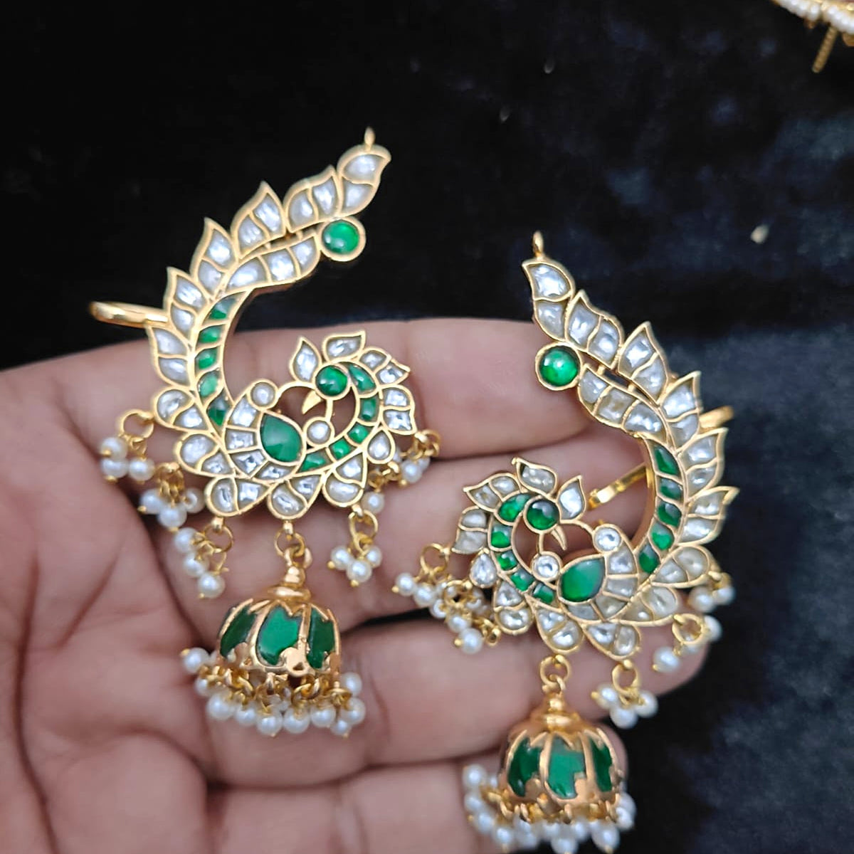 Polki-Style Peacock Ear Cuff Jhumka - Emerald - Jaipur Jadau Kundan imitation jewellery by House of Shri Dungar