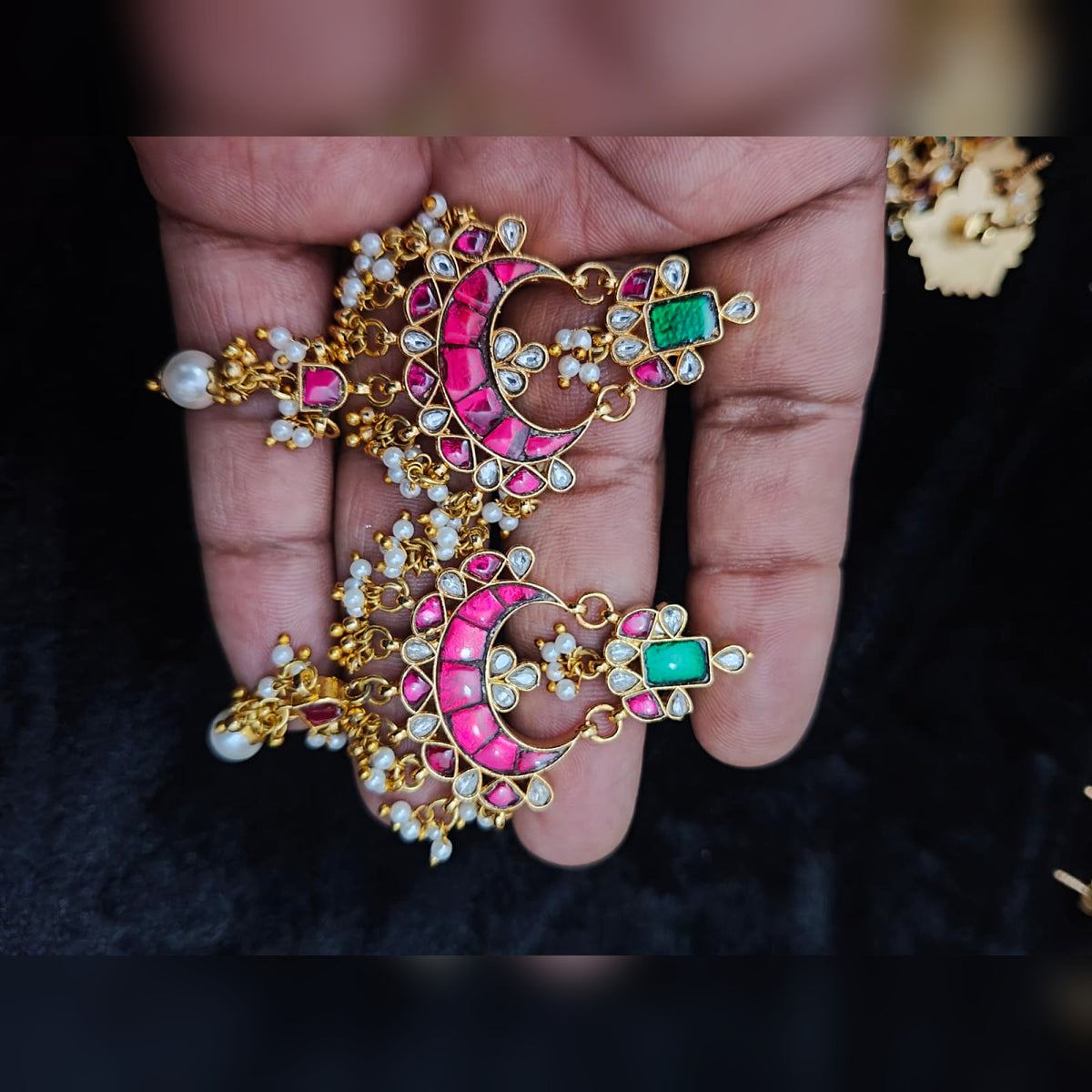 Ruby Crescent Chandbali with Pearl Drops - Jaipur Jadau Kundan imitation jewellery by House of Shri Dungar