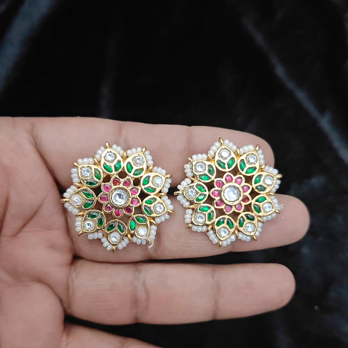 Ruby & Emerald Chandbali with Carved Bead - Jaipur Jadau Kundan imitation jewellery by House of Shri Dungar
