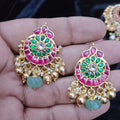 Ruby & Emerald Chandbali with Mint Carved Bead - Jaipur Jadau Kundan imitation jewellery by House of Shri Dungar