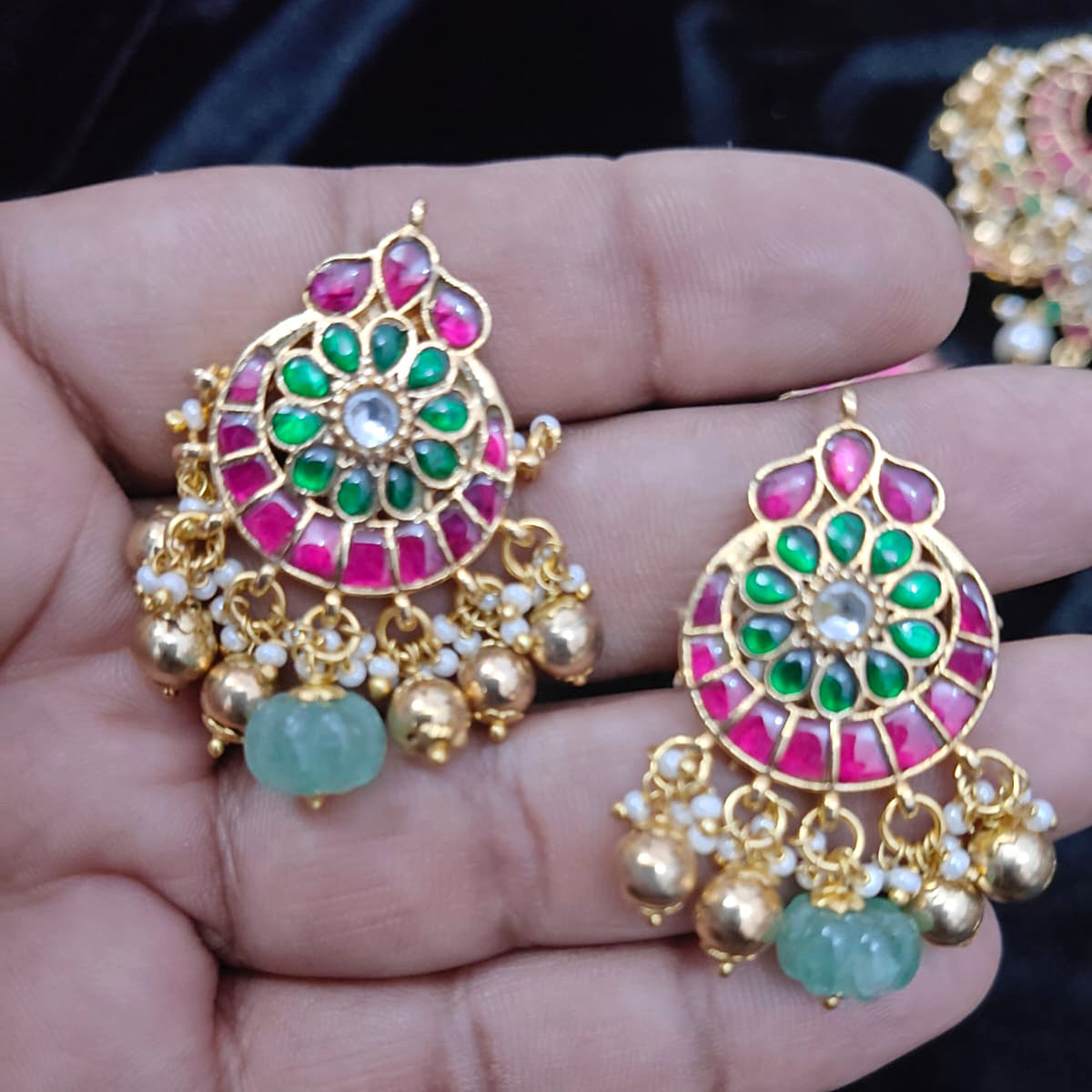 Ruby & Emerald Chandbali with Mint Carved Bead - Jaipur Jadau Kundan imitation jewellery by House of Shri Dungar