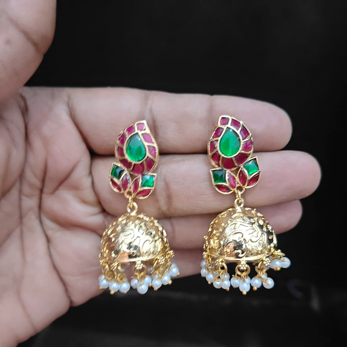 Ruby & Emerald Paisley Gold Jhumka - Alt - Jaipur Jadau Kundan imitation jewellery by House of Shri Dungar