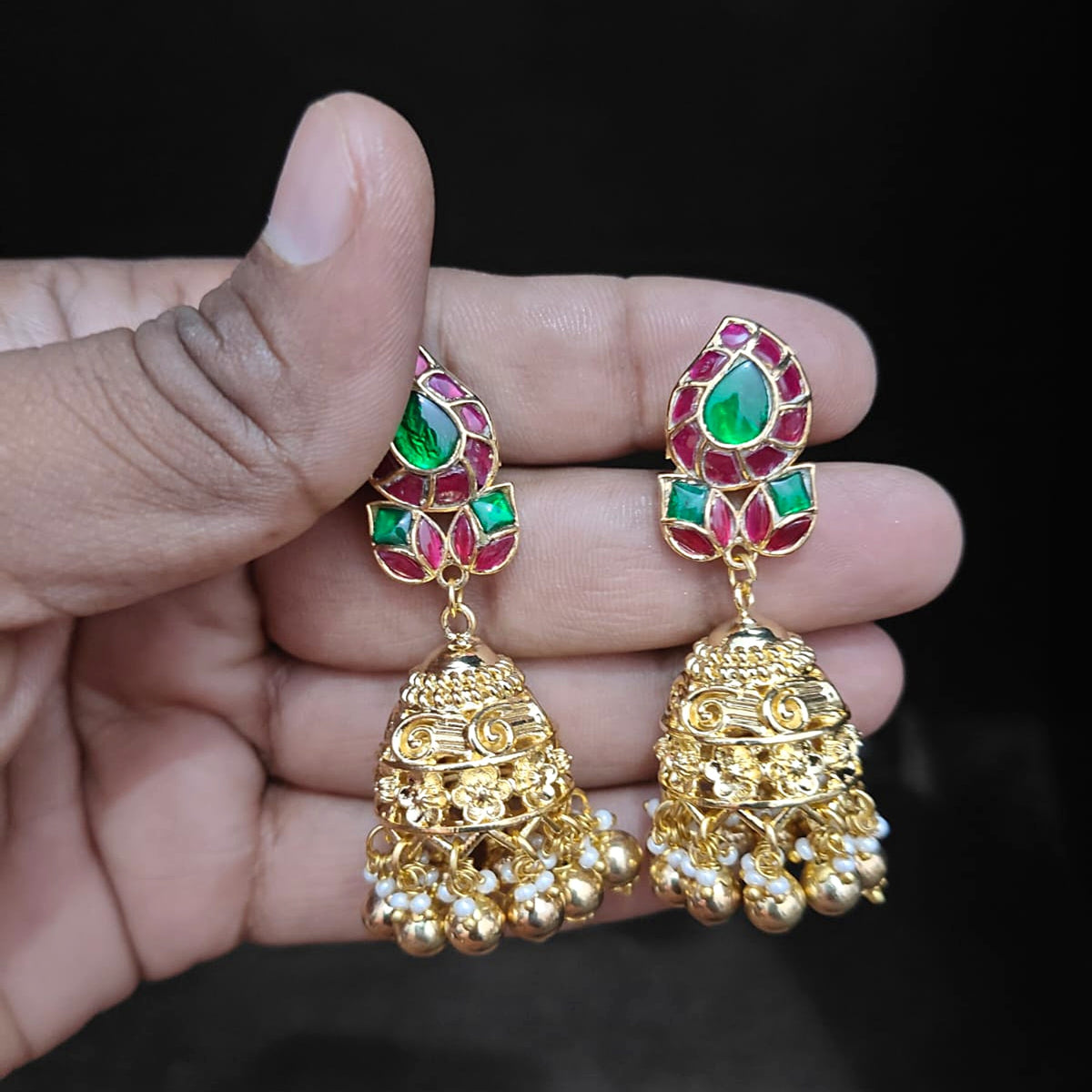Ruby & Emerald Paisley Gold Jhumka - Jaipur Jadau Kundan imitation jewellery by House of Shri Dungar